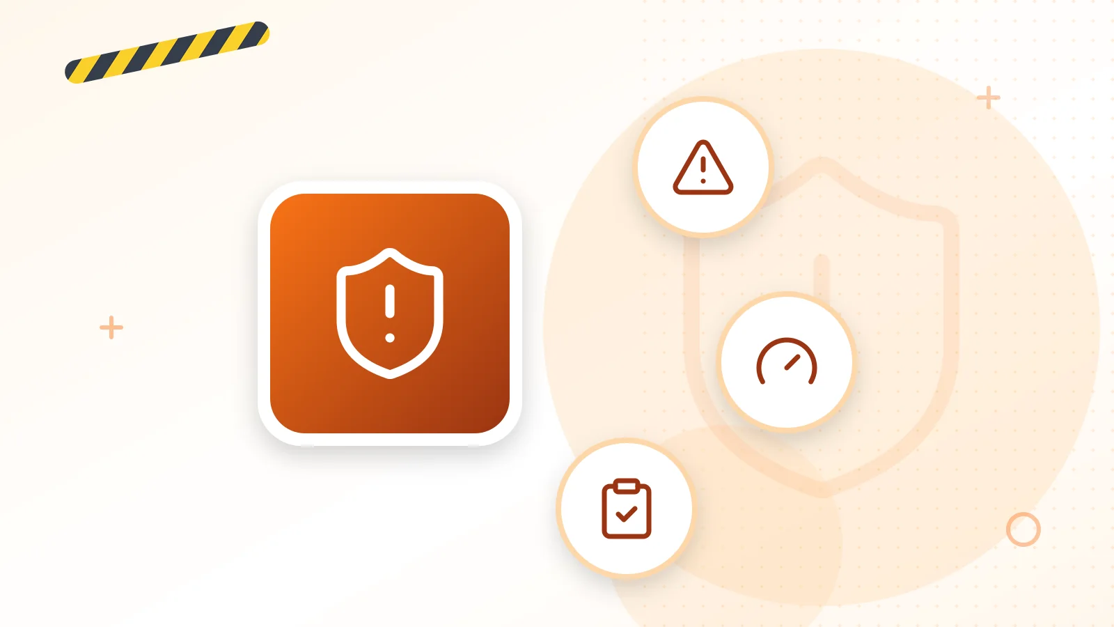 Illustrazione sulla valutazione dei rischi: scudo di sicurezza, segnale di pericolo, indicatore del livello di rischio e checklist